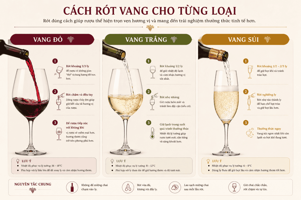 cách rót rượu vang cho từng loại rượu